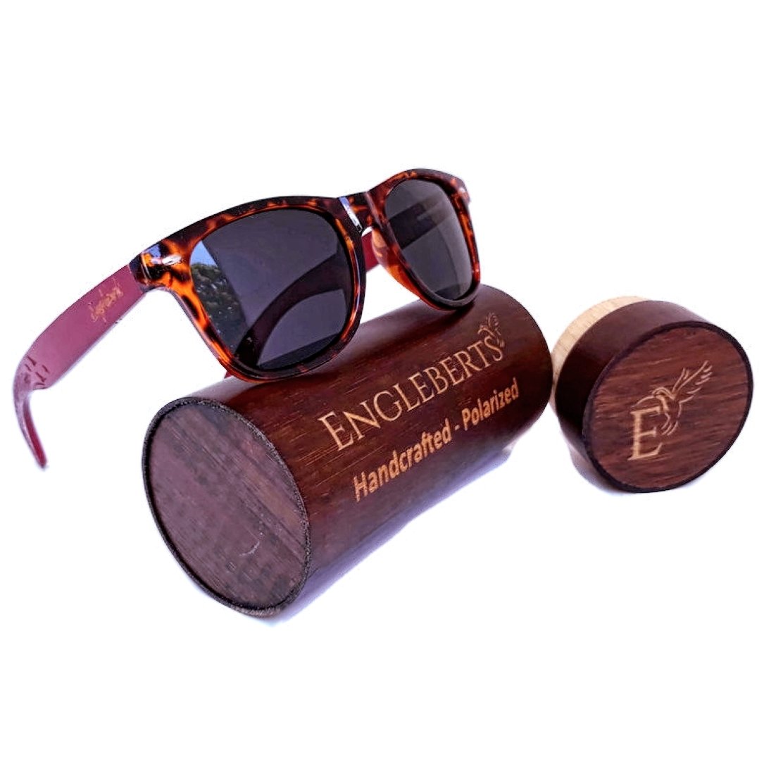 Red Bamboo Tortoise Framed Sunglasses With Wood Case, Artisan Engraved